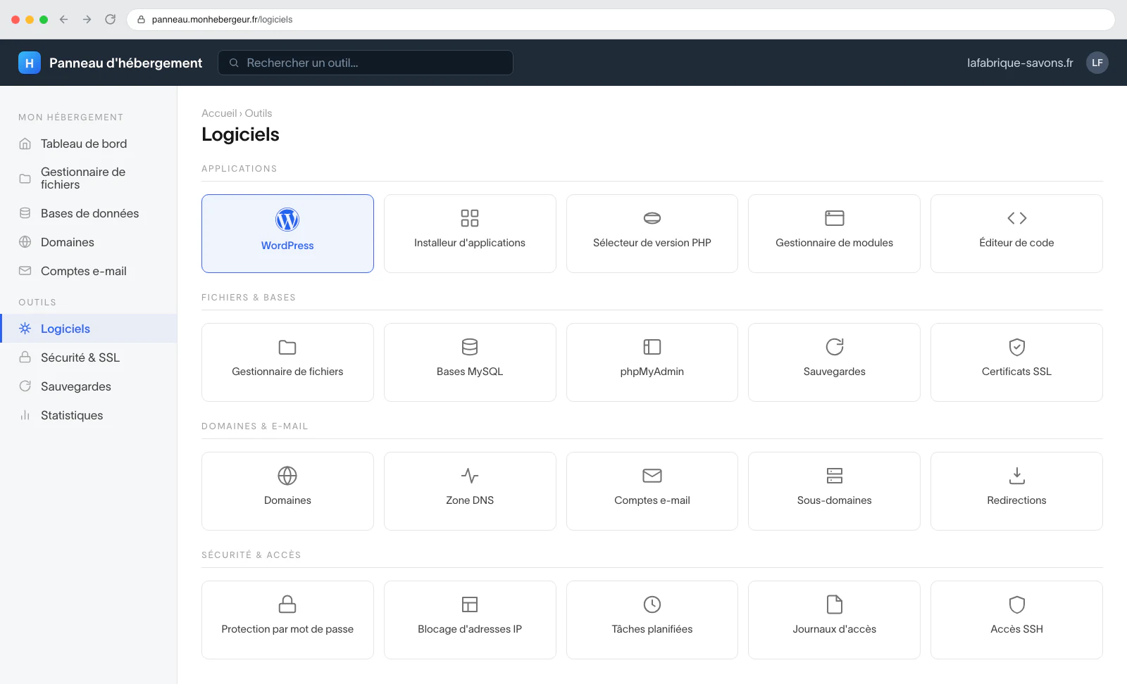 Panneau d'hébergement, section Logiciels : la tuile WordPress est mise en évidence