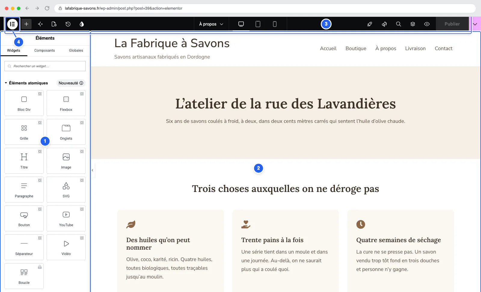 L'éditeur Elementor ouvert sur une page : panneau des éléments à gauche, aperçu de la page au centre, barre de commandes en haut.