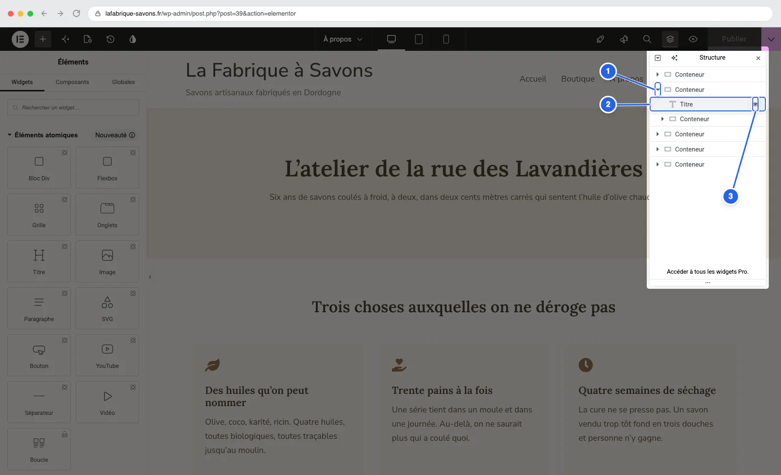 Le panneau Structure ouvert sur l'arborescence de la page : six conteneurs, dont un déplié sur un élément Titre sélectionné.