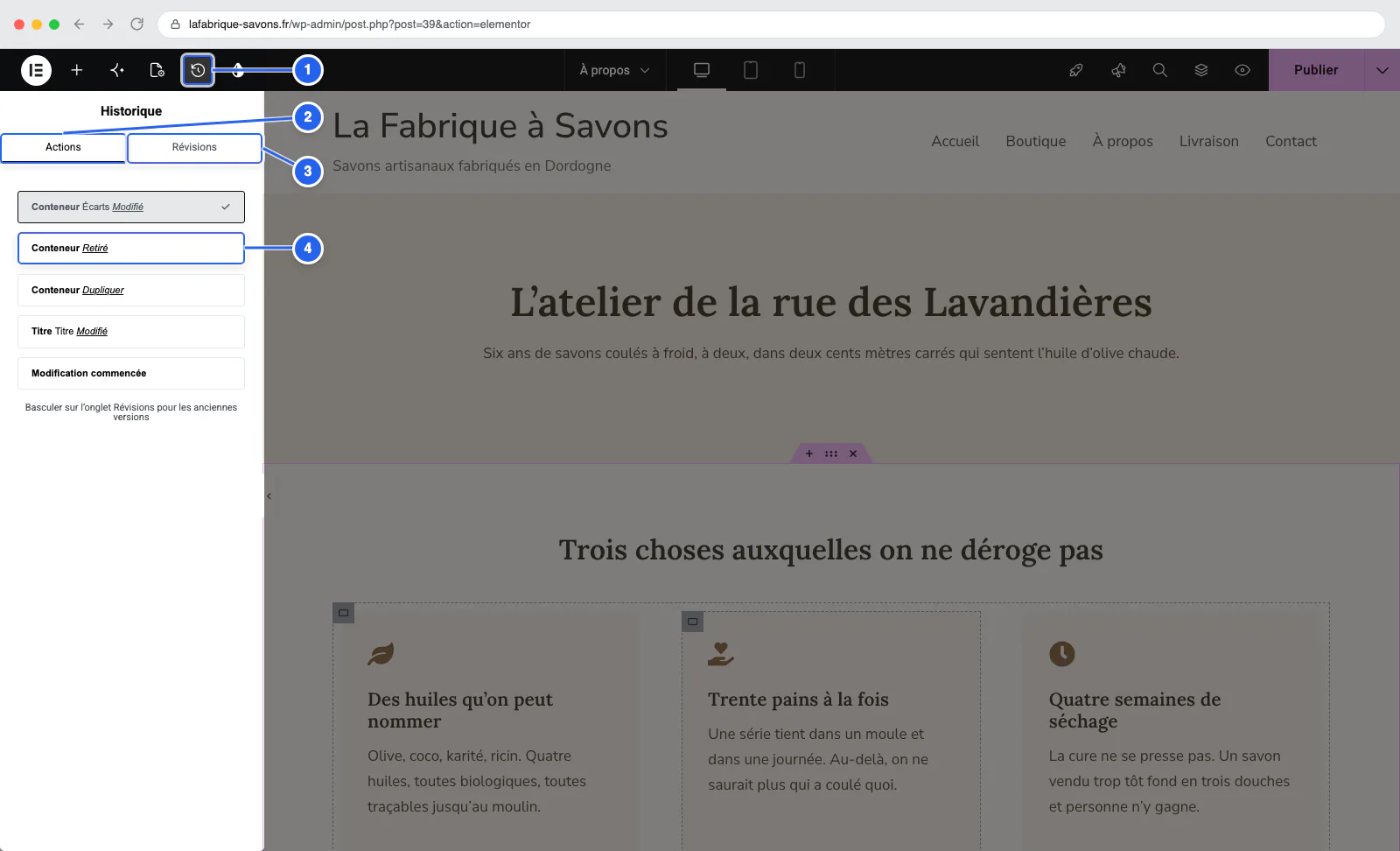 Le panneau Historique ouvert sur l'onglet Actions : la liste des gestes de la session, du plus récent au plus ancien.