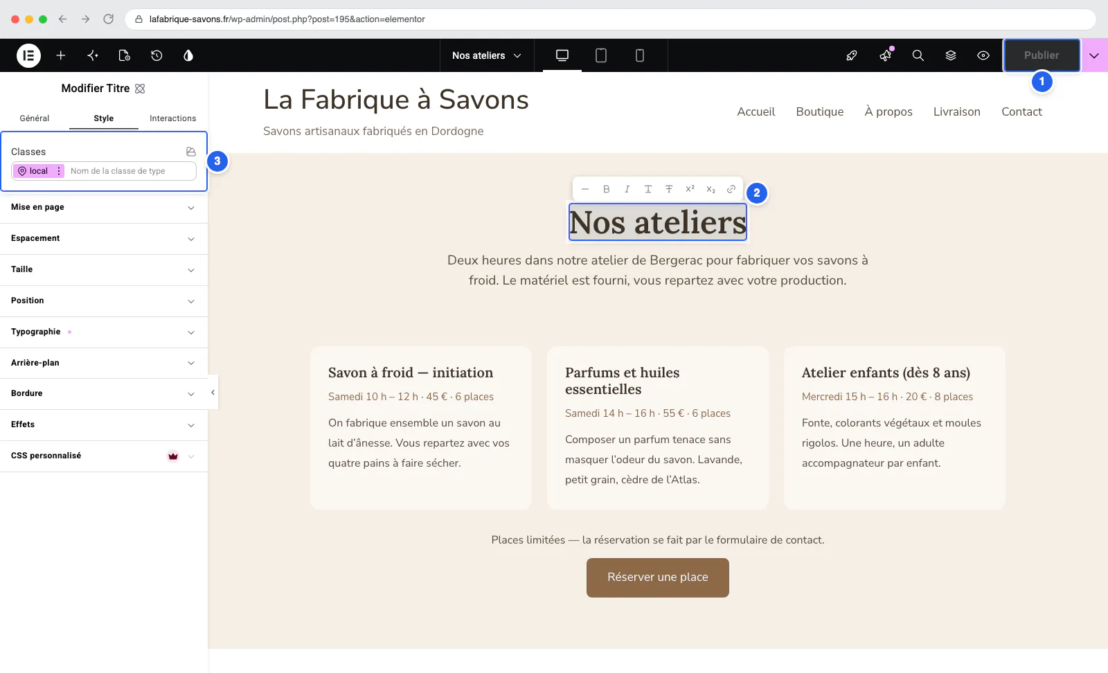 L'Editor V4 : un titre de page en cours d'édition directement dans l'aperçu, et le panneau de style ouvert sur son champ Classes.
