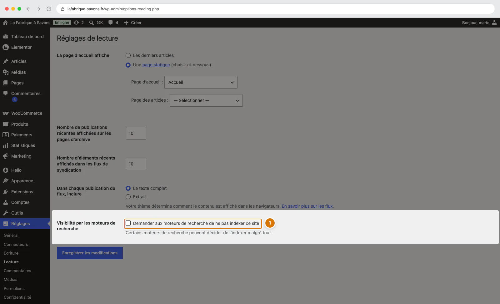 Réglages → Lecture : la case « Demander aux moteurs de recherche de ne pas indexer ce site », mise en évidence
