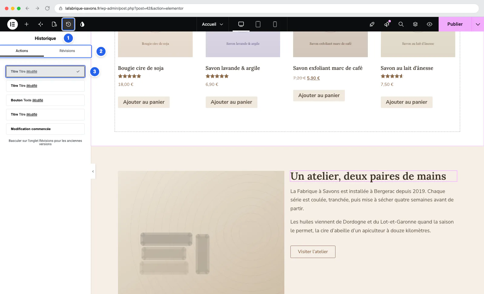 Le panneau Historique d'Elementor, onglet Actions, avec la liste des modifications de la session