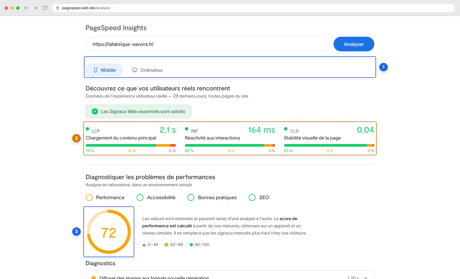 Rapport PageSpeed Insights : onglets Mobile et Ordinateur, bloc des signaux web essentiels et note de performance.