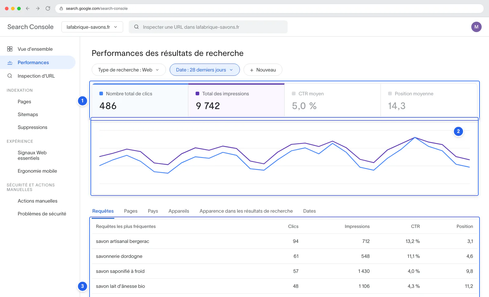 Rapport Performances de la Search Console : totaux de clics et d'impressions, courbe sur trois mois et tableau des requêtes.