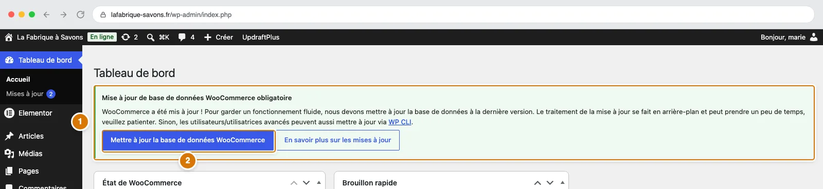 Le tableau de bord de WordPress avec la bannière « Mise à jour de base de données WooCommerce obligatoire » et son bouton.