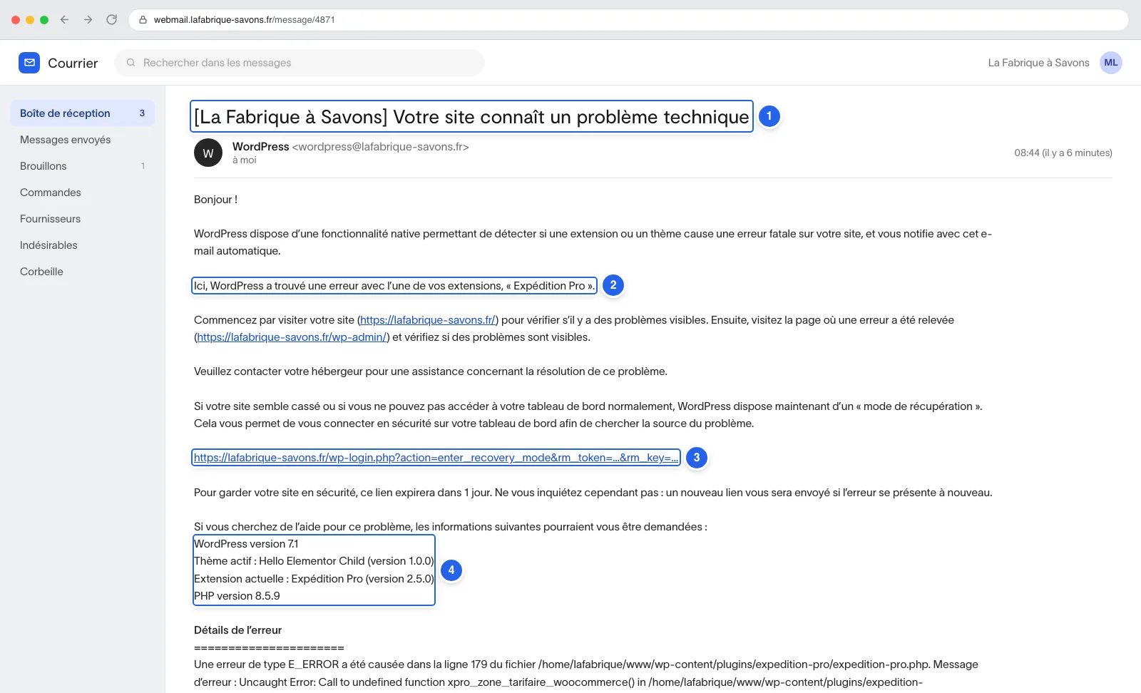 Un webmail affichant l'e-mail « Votre site connaît un problème technique » envoyé automatiquement par WordPress.