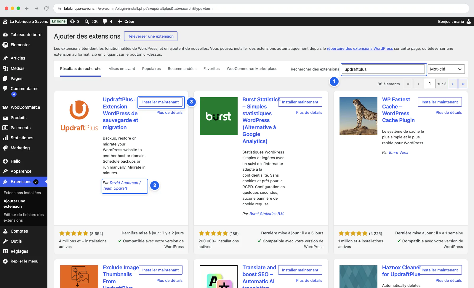 Extensions → Ajouter : recherche et installation
