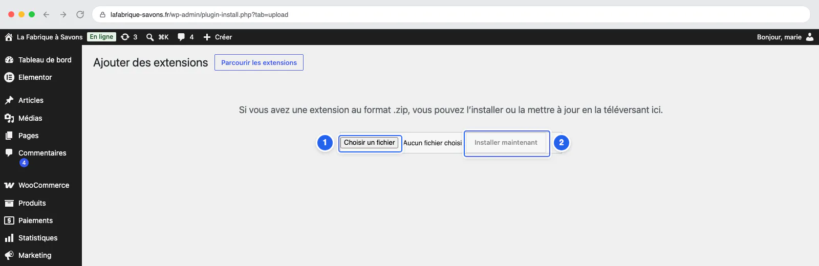 Téléverser une extension (fichier zip)