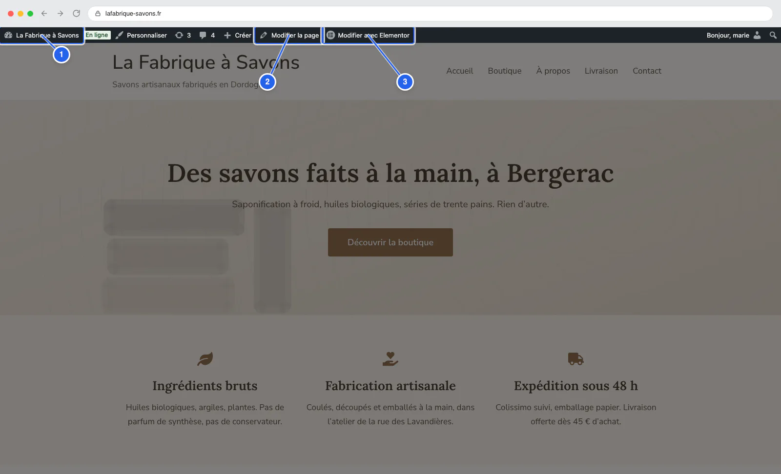 Le bouton Modifier avec Elementor dans la barre d'admin
