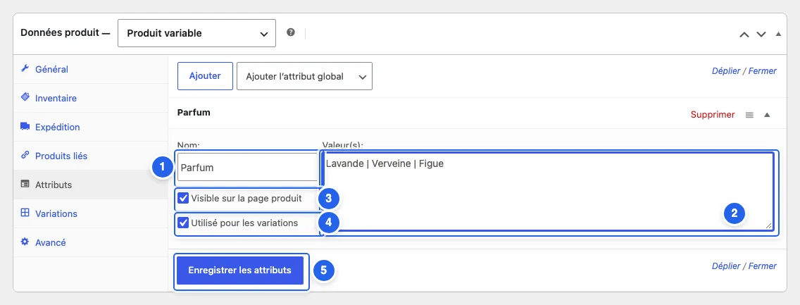 L'onglet Attributs du panneau « Données du produit », rempli avec l'attribut Parfum et ses trois valeurs.